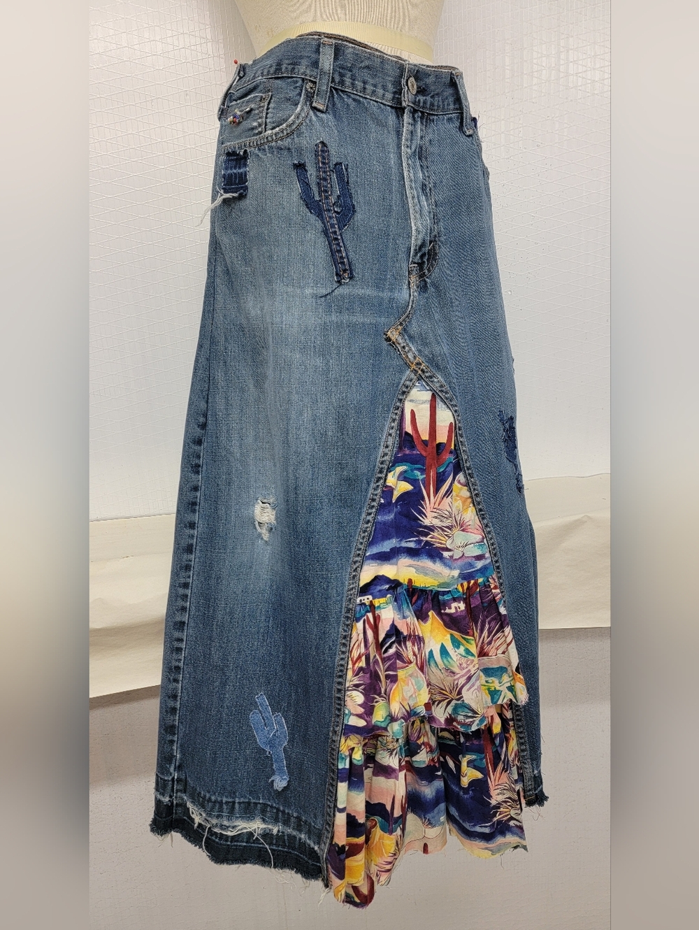 Upcycled Levi's Maxi Skirt Southwest Boho Hippie